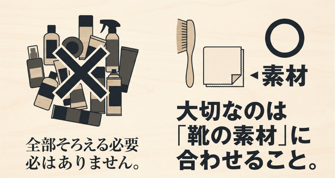 靴ケア用品はすべてそろえず靴の素材に合わせて選ぶことを示す図