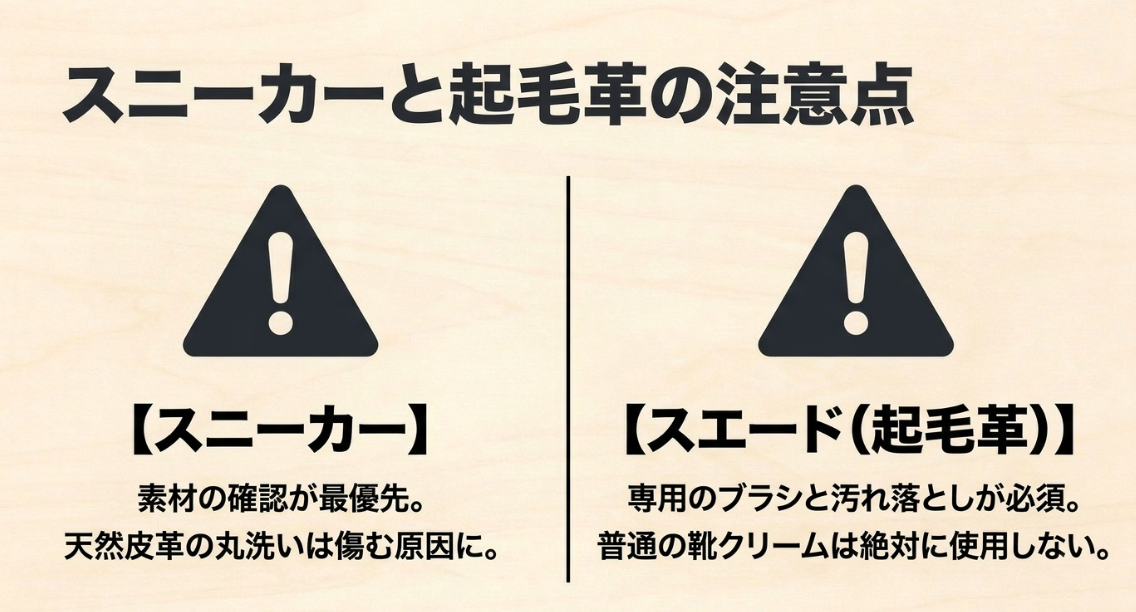スニーカーは素材確認を優先しスエードは専用品を使う注意点を示す図